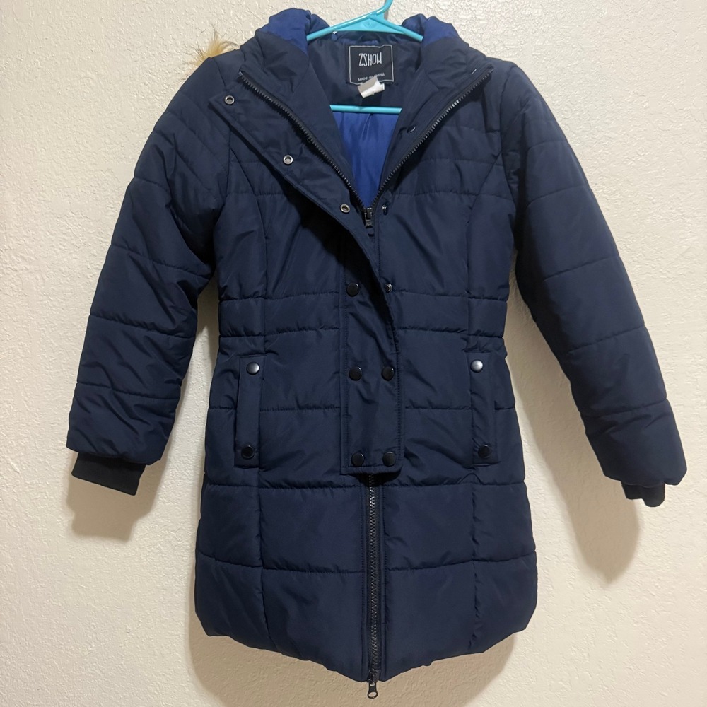 ZSHOW Women Navy Blue Puffer Parka Jacket Faux Fur Hood Quilted Winter Coat Sz 8 - Picture 2 of 13